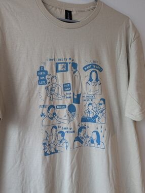 The Office DinnerParty Print ShortSleeve T-Shirt Size XL/L Unisex. Blue On Sand